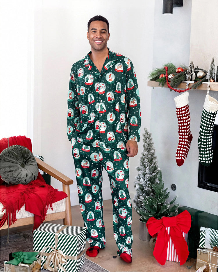 Christmas Matching Family Pajamas Snow Globe Print Dark Green
