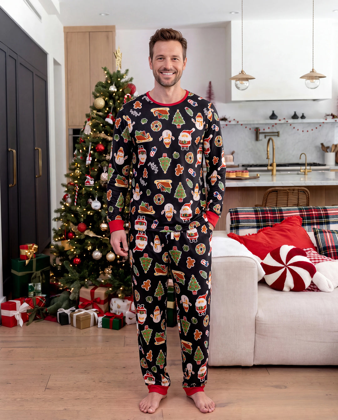 Christmas Matching Family Pajamas Xmas Tree & Gingerbread Print