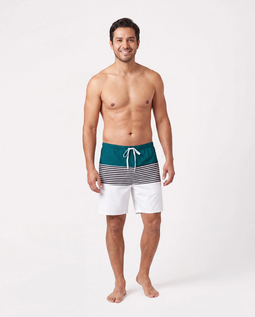 Family Matching Colorblock One Shoulder Cut Out One-piece Swimsuit and Striped Spliced Swim Trunks Shorts DeepTurquoise