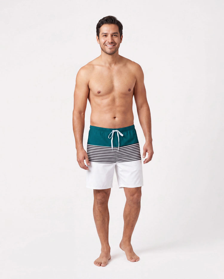 Family Matching Colorblock One Shoulder Cut Out One-piece Swimsuit and Striped Spliced Swim Trunks Shorts DeepTurquoise