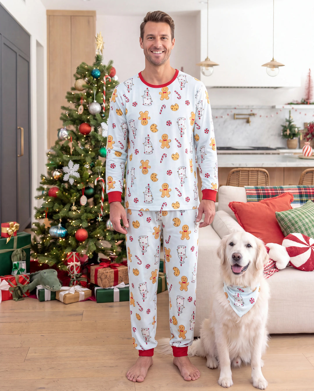 Christmas Matching Family Pajamas Gingerbread & Milk Print Blue