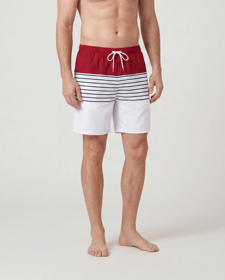Passende Badeanzüge für die Familie Rot gestreifter One-Shoulder-Bikini oder Badehose mit Colorblock Passende Strandoutfits für Sommer, Kreuzfahrt, Urlaub rot