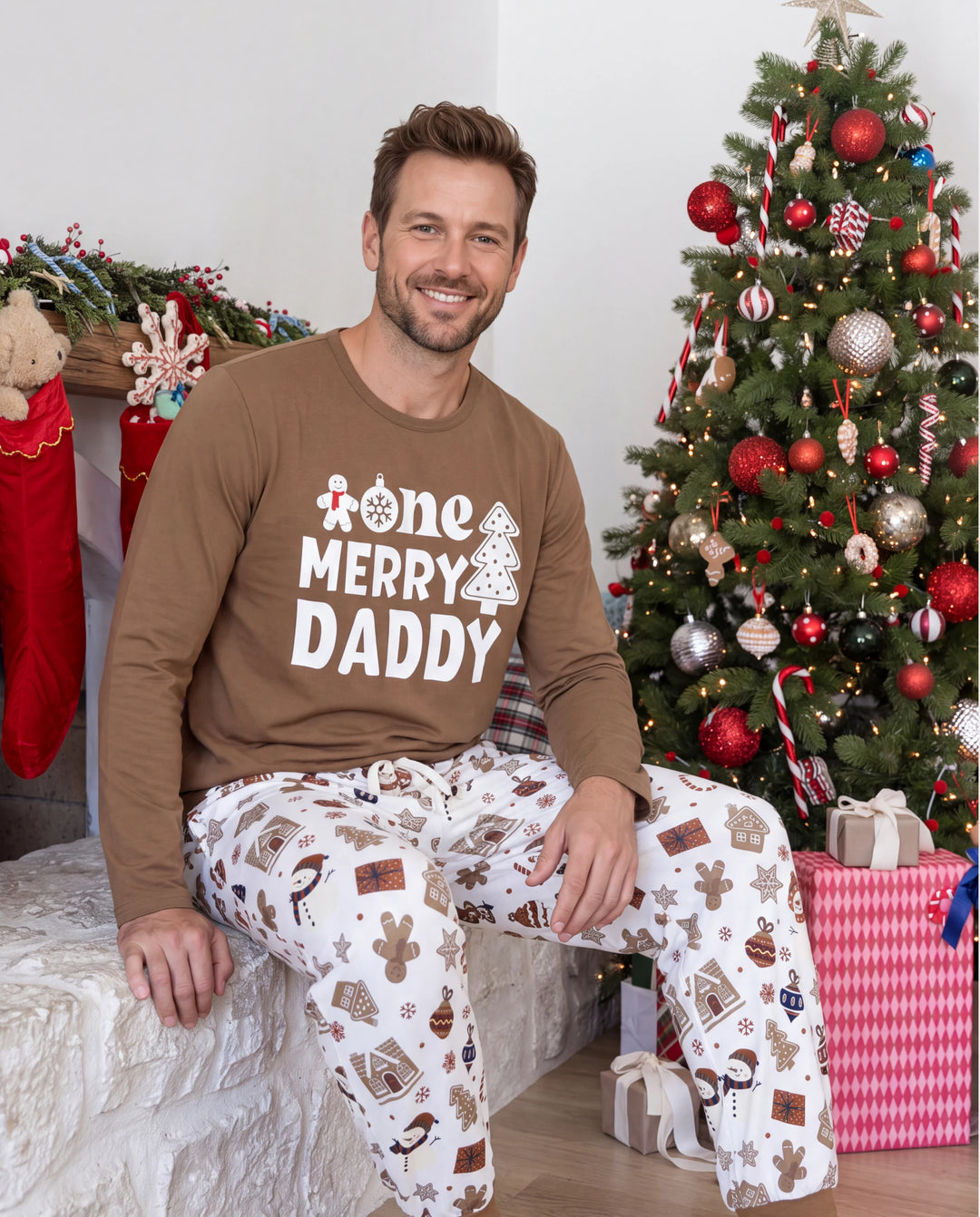 Christmas Matching Family Pajamas Gingerbread & Xmas Tree Print