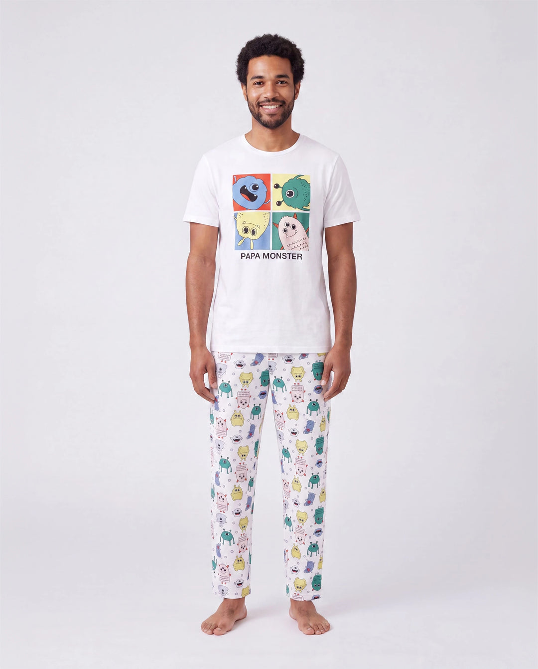 Bamboo Family Pajamas Cute Little Monster Print Short-sleeve Matching Pajama Set ( Snug-Fitting for Children ) White