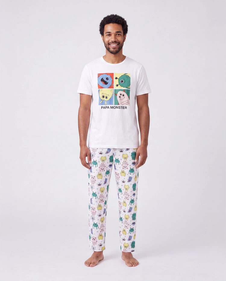 Bamboo Family Pajamas Cute Little Monster Print Short-sleeve Matching Pajama Set ( Snug-Fitting for Children ) White
