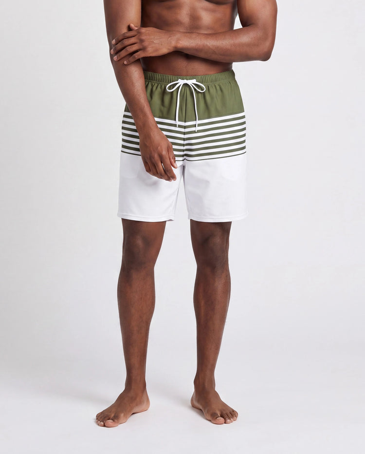 Passende Familien-Badehose mit Farbblock-Streifen oder einteiliger One-Shoulder-Badeanzug Armeegrün