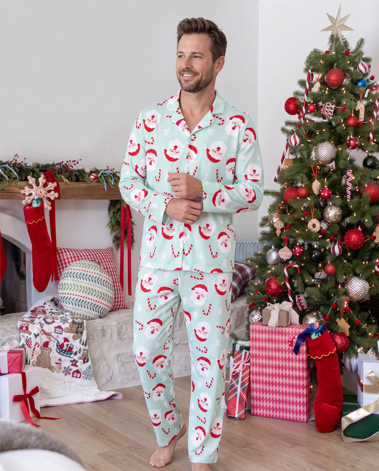 Christmas Matching Family Collared Pajamas Santa Claus Print Green