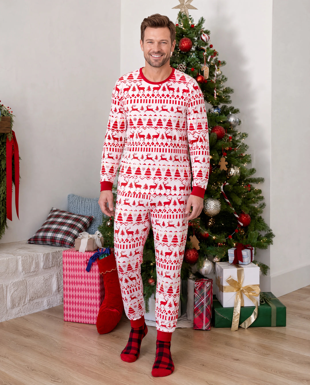 Christmas Matching Family Pajamas Fair Isle & Reindeer Print Red