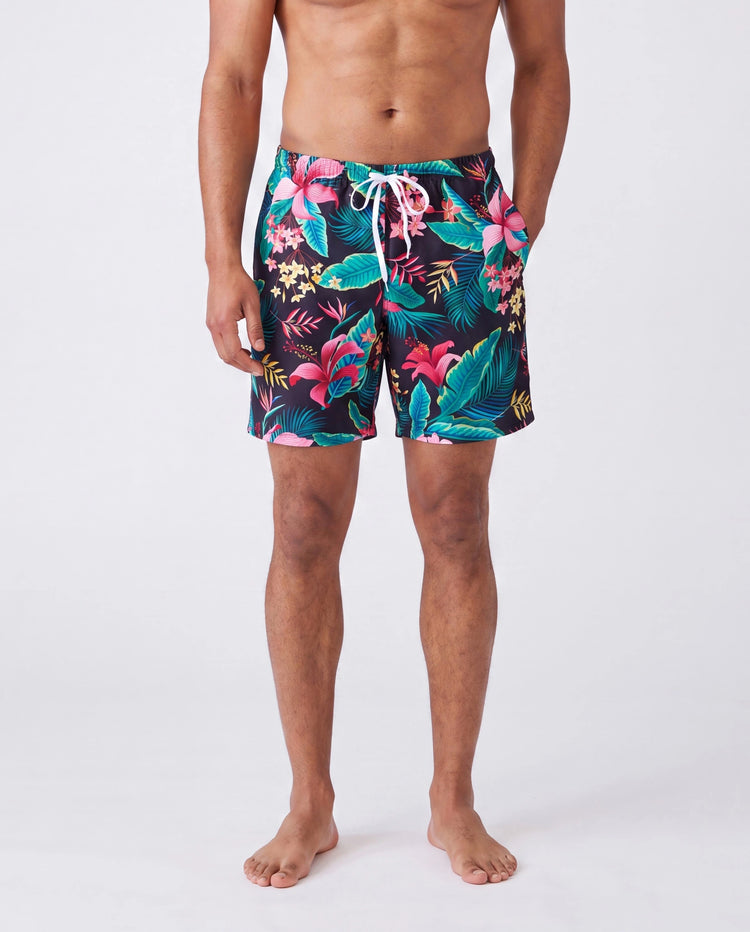Family Matching Allover Plant Print Crisscross One-Piece Swimsuit and Swim Trunks Black