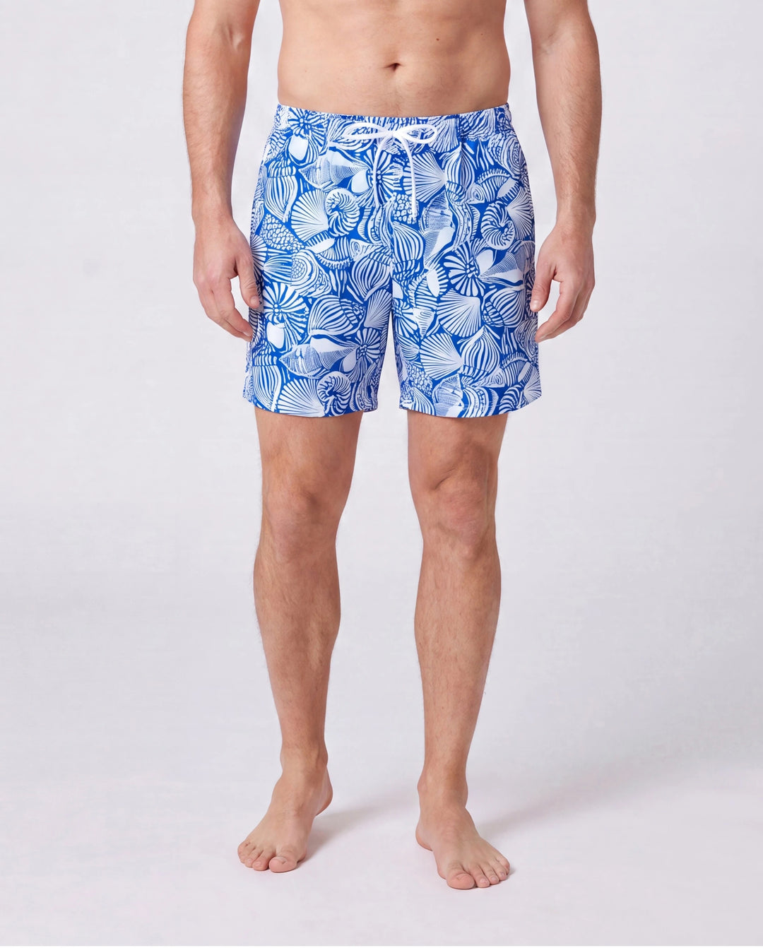 Matching Family Shell Print Swimwear Floral two-piece Bikini & Swim Shorts Set for Mom, Dad, & Kids, Perfect for Beach Days & Pool Parties Blue