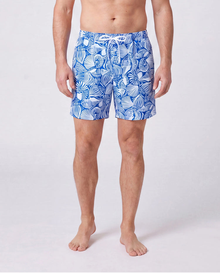 Matching Family Shell Print Swimwear Floral two-piece Bikini & Swim Shorts Set for Mom, Dad, & Kids, Perfect for Beach Days & Pool Parties Blue