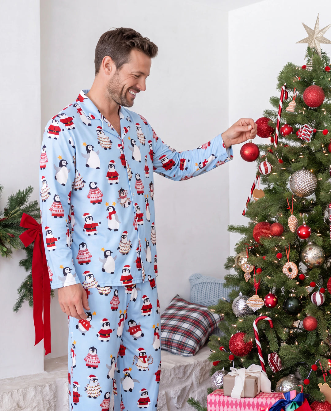 Christmas Matching Family Pajamas Penguin Print Blue