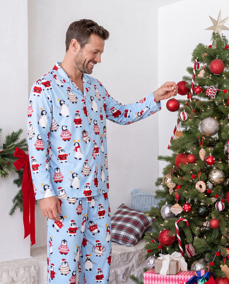 Christmas Matching Family Pajamas Penguin Print Blue