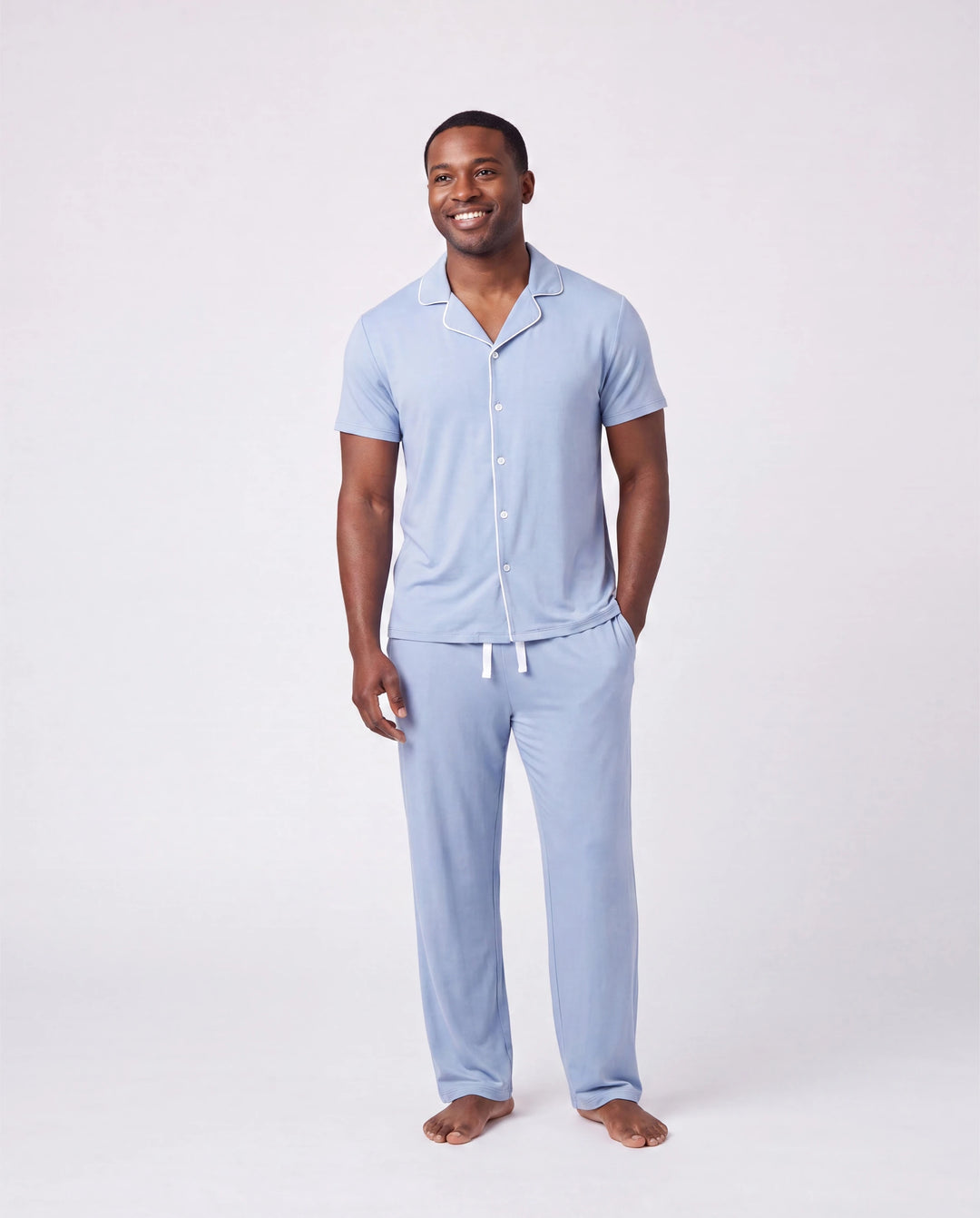 Family Matching Bamboo Pajamas Soft Bamboo Viscose PJs for Men Women Kids Toddler Baby, Classic Blue Short-sleeve Sleepwear with Button-Down Shirt and Pants Blue grey