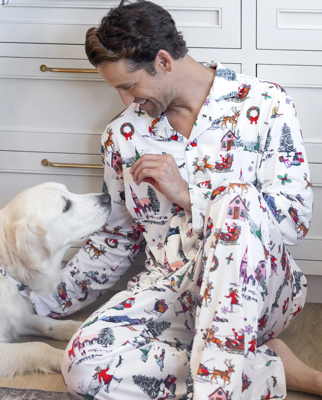 Christmas Matching Family Pajamas Xmas Village Print White