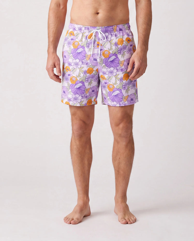 Trajes de Baño a Juego para Familia Estampado Floral Traje de Baño de Una Pieza con Volantes y Bañador Corto Morado