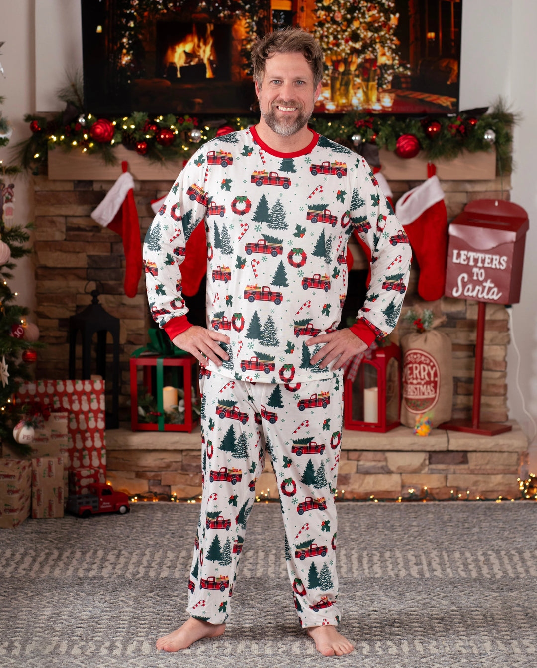 Christmas Family Matching Allover Xmas Tree & Car Print Long-sleeve Pajamas Sets with Christmas Socks Multi-color