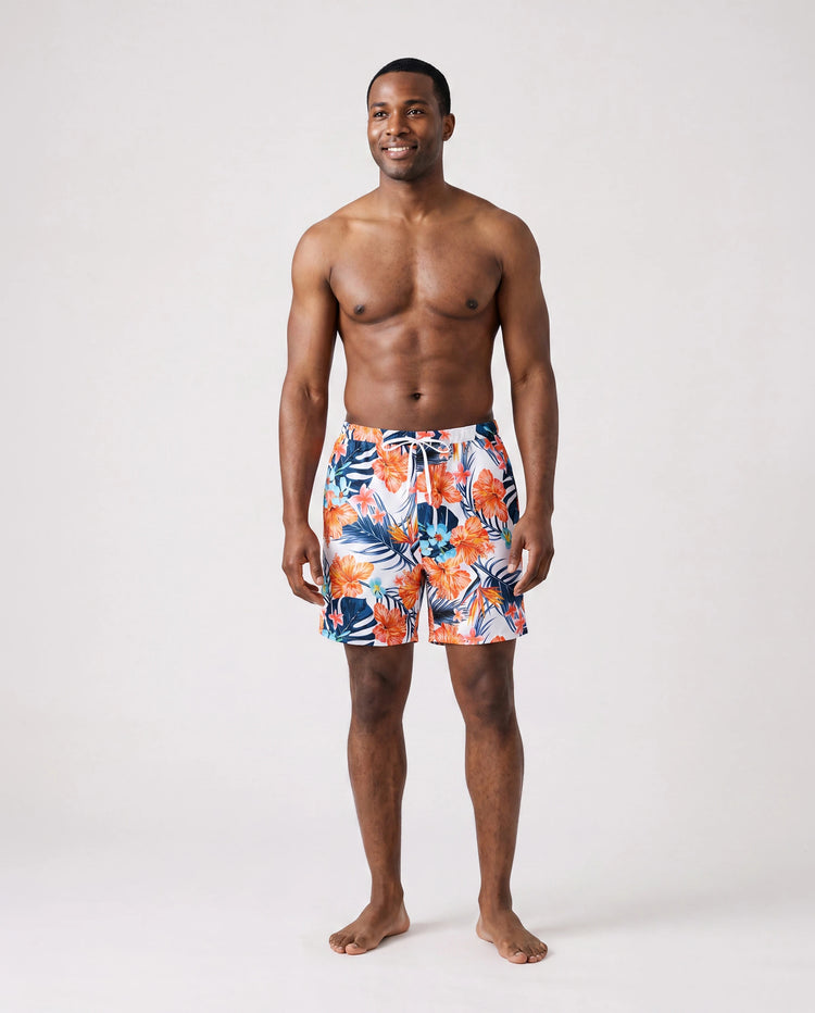 Passende Familien-Bademode Tropical Floral Bikini-Set mit Rüschentop für Mama & Tochter, Boardshorts für Papa & Sohn, Leuchtende Sommer-Strandoutfits Orange