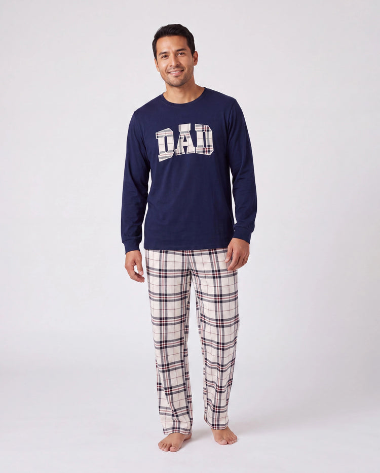 Family Matching School Grid Letter Print Patch Long Sleeve Pajamas Sets Blue