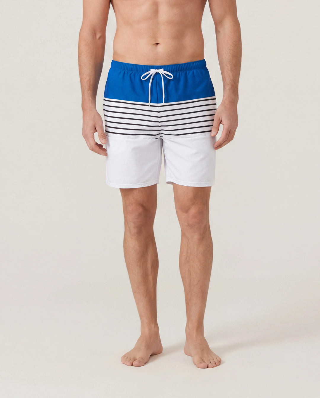 Passender Familien-Badeanzug Colorblock-Badehose mit Kordelzug oder gestreifter blauer gespleißter Tankini mit Kreuz vorne, Binderücken und dünnen Trägern Farbblock