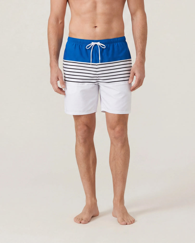 Passender Familien-Badeanzug Colorblock-Badehose mit Kordelzug oder gestreifter blauer gespleißter Tankini mit Kreuz vorne, Binderücken und dünnen Trägern Farbblock