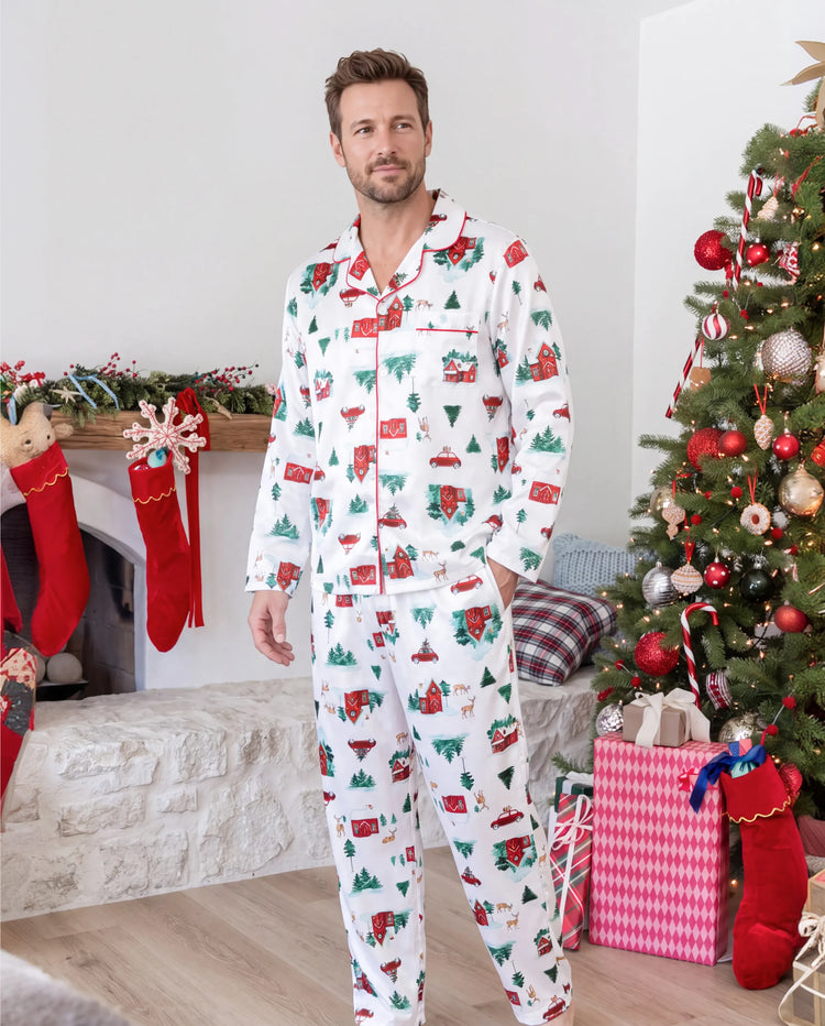 Christmas Matching Family Satin Pajamas Xmas Village Print Multicolor