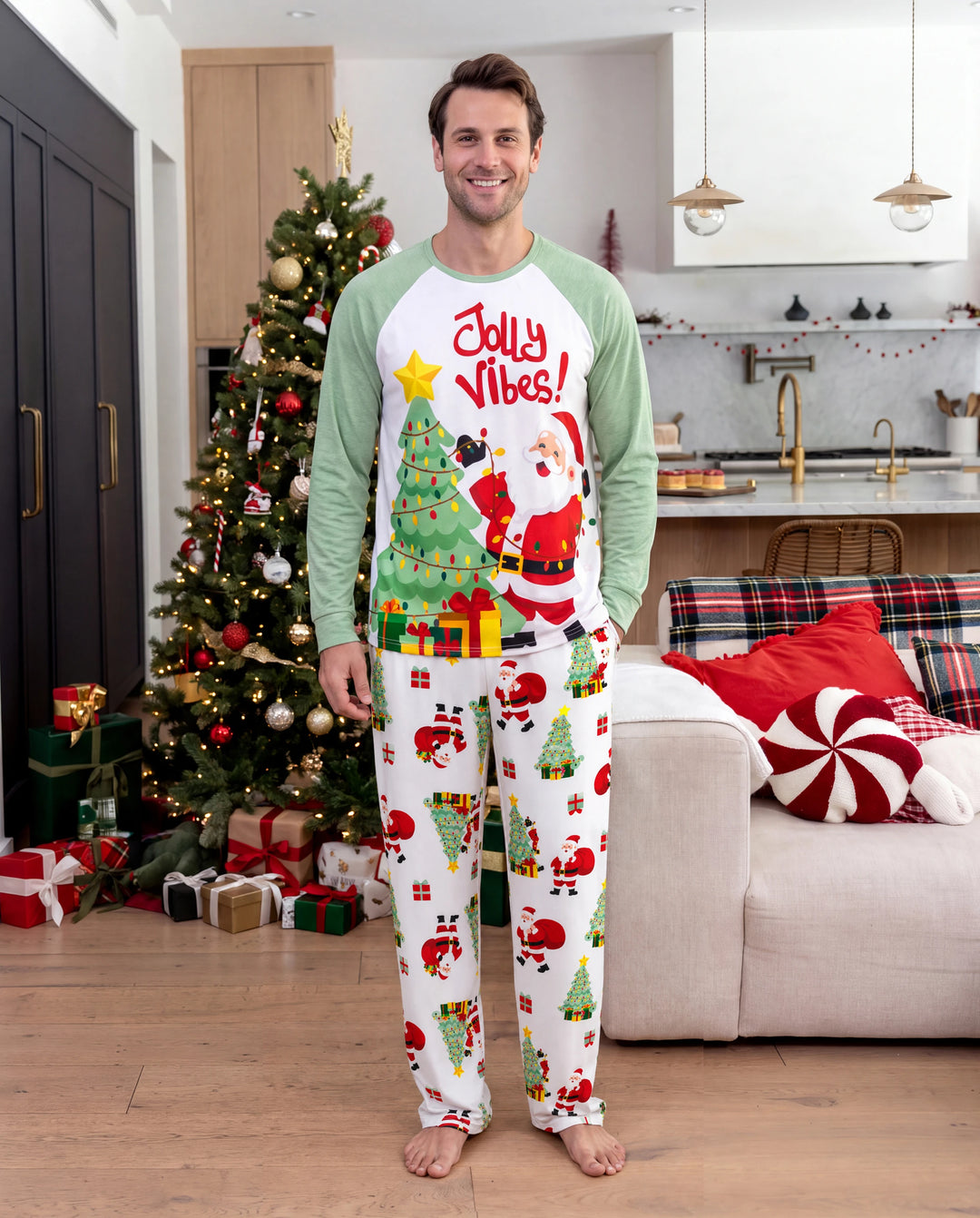 Christmas Matching Family Pajamas Santa & Xmas Tree Print Green