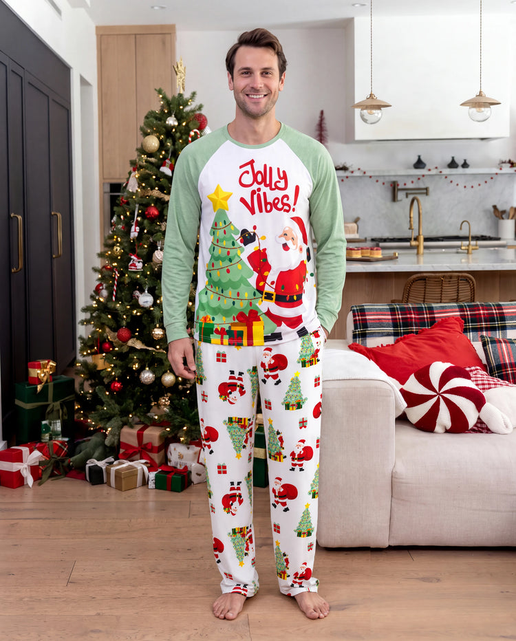 Christmas Matching Family Pajamas Santa & Xmas Tree Print Green