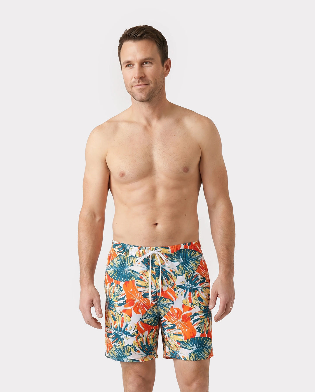Family Matching Orange and All Over Tropical Plant Print Splicing Ruffle One-Piece Swimsuit and Swim Trunks Shorts Orange color
