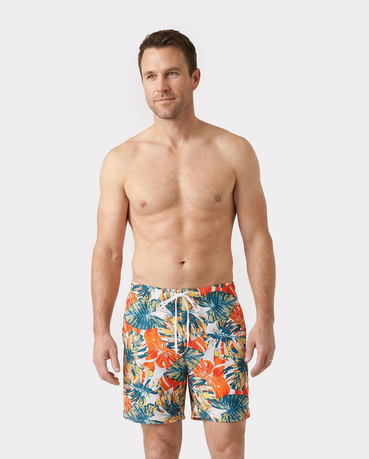 Family Matching Orange and All Over Tropical Plant Print Splicing Ruffle One-Piece Swimsuit and Swim Trunks Shorts Orange color