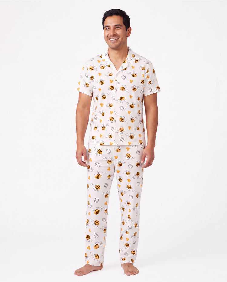 Family Matching Bamboo Pajamas Soft Bamboo Viscose PJs for Men Women Kids Toddler, Cute Bee Print Sleepwear with Short Sleeve Top and Long Pants White