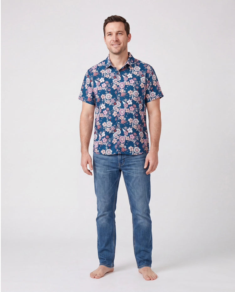 Conjunto de Ropa a Juego para la Familia Camisa con Cuello y Estampado Floral Completo de Manga Corta o Vestido sin Mangas Halter para Vacaciones de Verano CIAN-