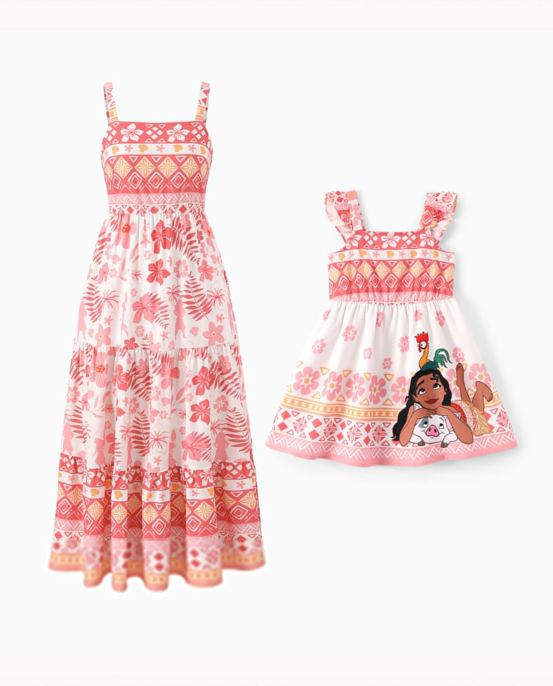 Disney Princess Mommy and Me Moana Floral Dresses with Ruffle Straps for Summer Family Outings & Photos Pink