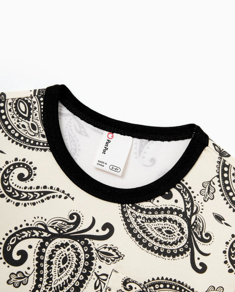Daddy & Son Paisley Print Outfits Sleeveless Spaghetti Strap Dress & Cotton T-Shirt for Mom, Dad, & Kids Perfect for Family Outings & Photos Black