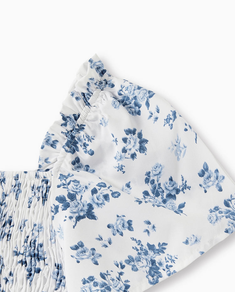 Vestido casual para niña pequeña/niña con fruncido floral azul y blanco