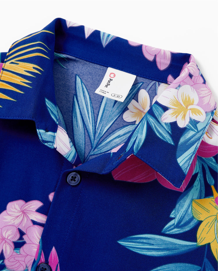 Ensemble assorti famille Papa et Moi : Tenues hawaïennes familiales robe à bretelles à imprimé floral tropical ou ensemble chemises à manches courtes et shorts Tenue d'été pour la plage Bleu foncé