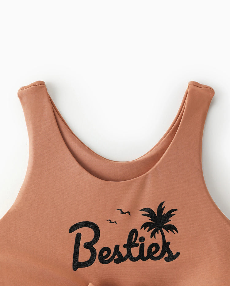 Bikini crop top con tirantes y cordón para niña pequeña con rayas verticales y estampado Besties caqui