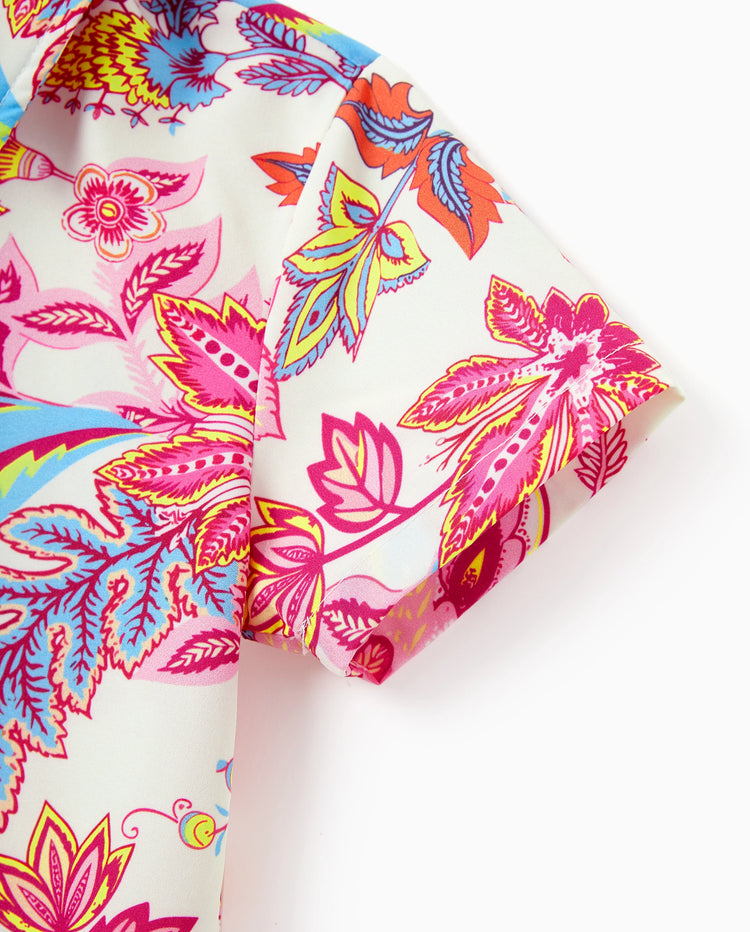 Daddy & Son Outfits Set Tropical Flora Print Short-sleeve Collar Shirt or Halter Belted Dress for Summer Vacation Beige