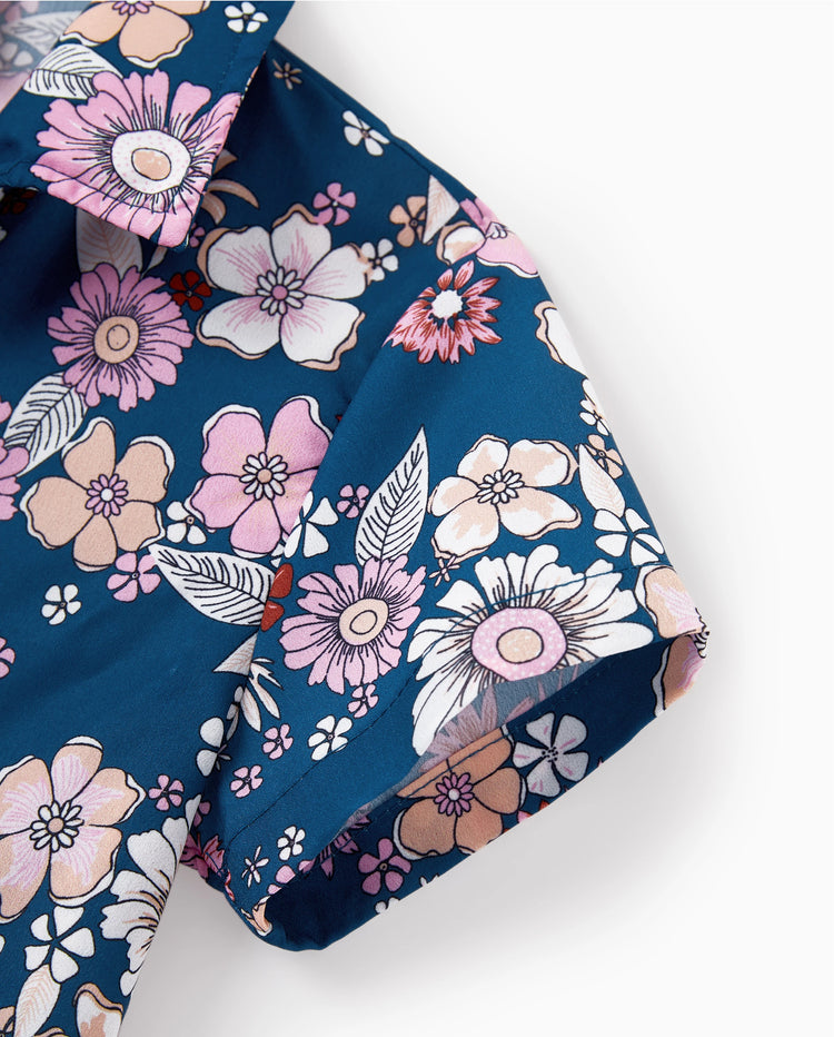 Daddy & Son outfits Floral Allover Print Short-sleeve Collar Shirt or Halter Sleeveless Dress for Summer Vacation CYAN-