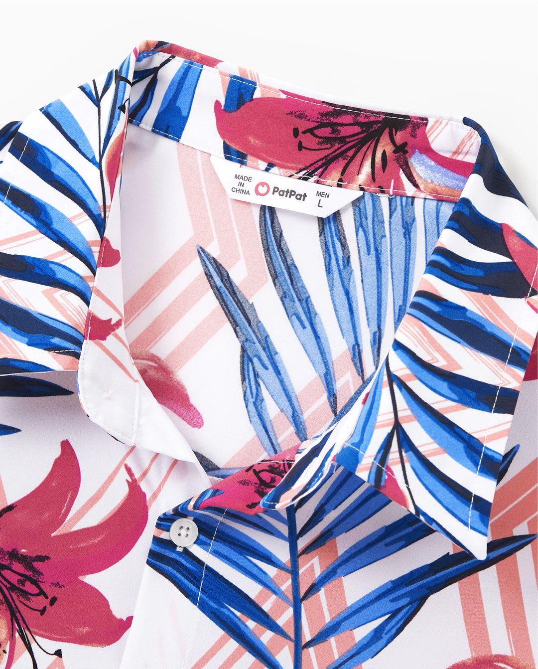 Daddy & Son Tropical Floral Outfits Pink Blue Leaf Print Short-sleeve Shirt Set for Vacation, Cruise, Beach White