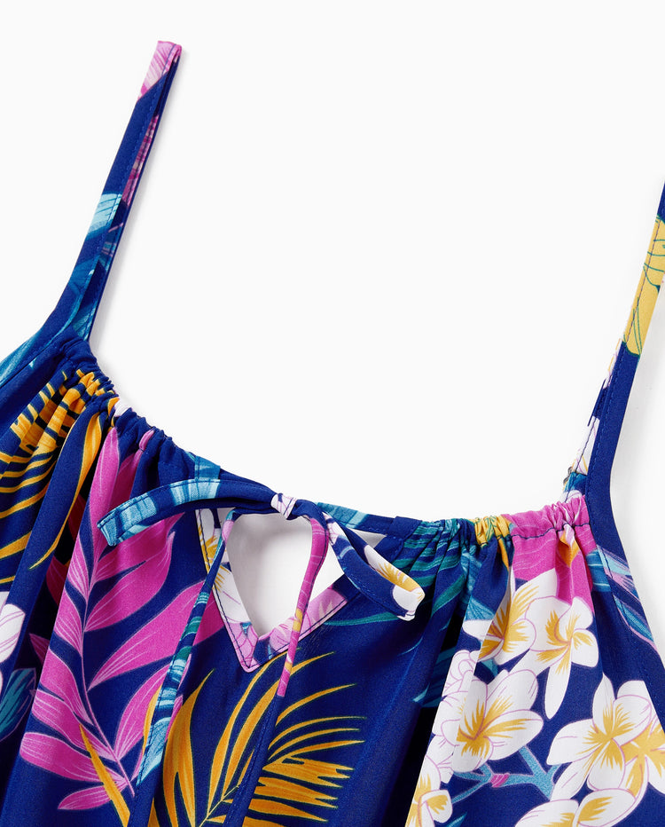 Tenues hawaïennes pour petite fille/enfant Robe à bretelles imprimé floral tropical pour les vacances Bleu profond