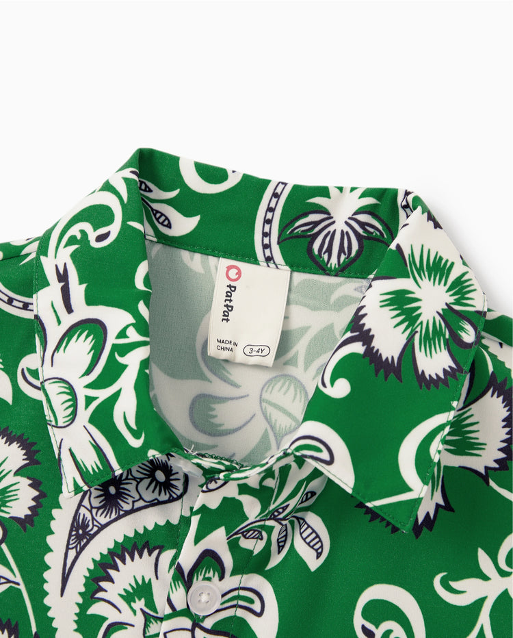 Daddy & Son Outfits Set Floral Print Short-sleeve Collar Shirt or Strappy Smocked  Dress for Summer Vacation Green