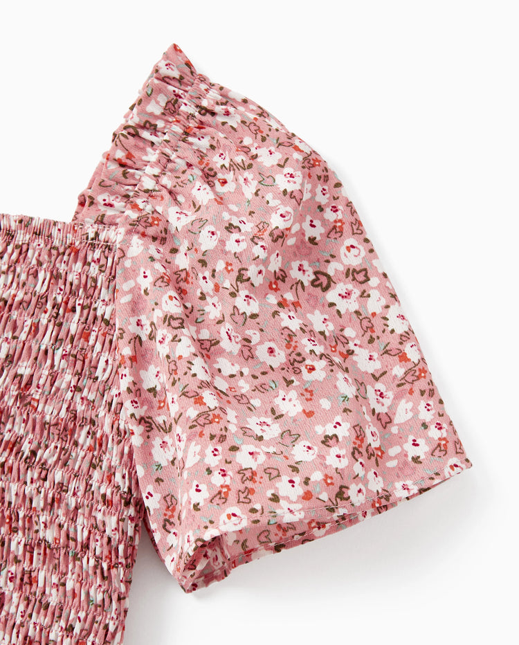 Conjunto Mamá y Yo Vestido con Fruncido, Mangas Abullonadas y Estampado Floral Azul y Rosa