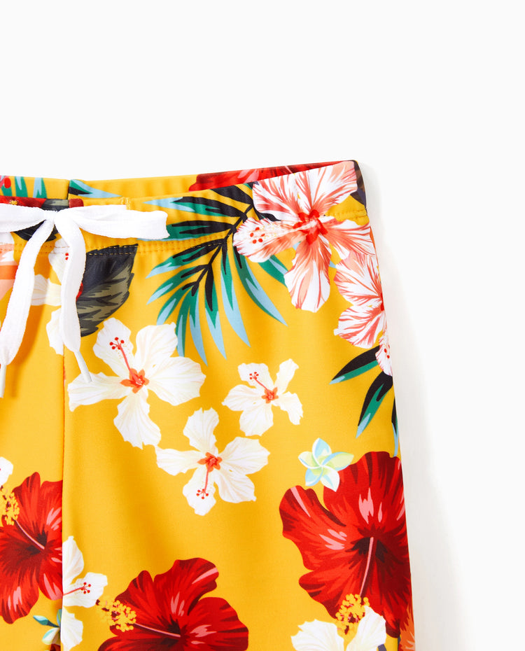 Daddy & Tochter Blumenmuster Badeshorts mit Kordelzug oder Fließendes Zusammengesetztes Mesh Badeanzugkleid mit Dreieck Badehose Gelb