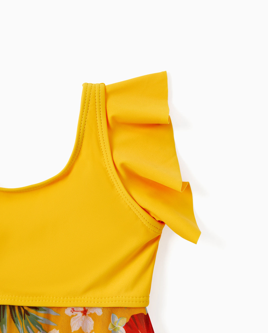 Vestido de baño floral con cordón, fruncido, malla combinada y parte inferior de triángulo para niña pequeña Amarillo