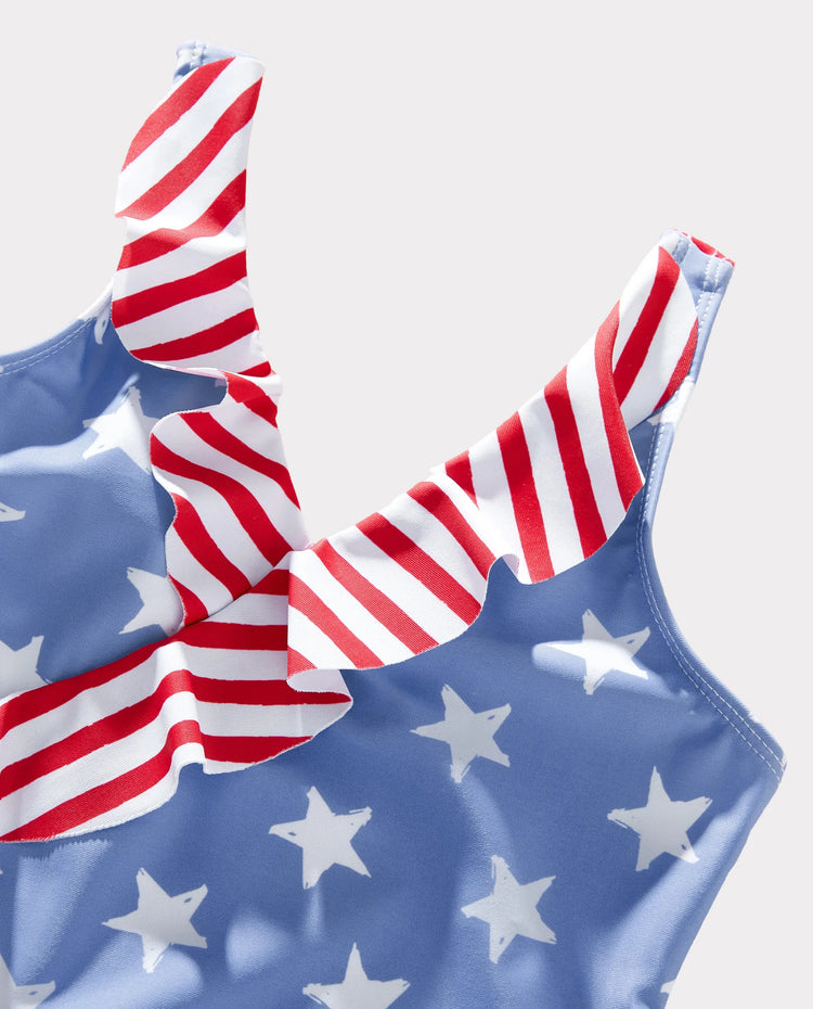 Independence Day 4th of July Daddy & Daughter Patriotic Swimwear Stars and Stripes Board Shorts or Ruffled Layers V-neck One-Piece Swimsuits Blue
