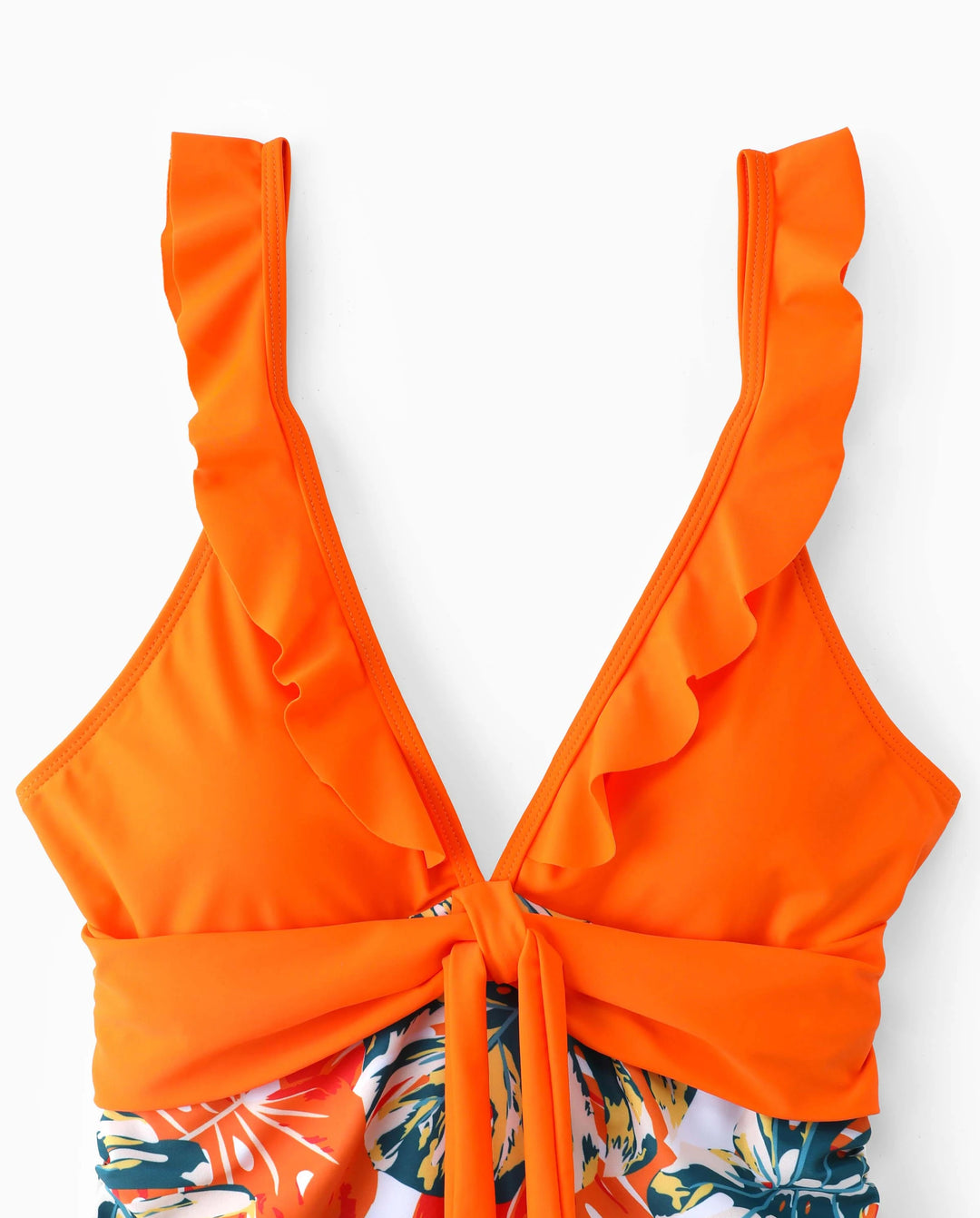 Mommy & me Orange and All Over Tropical Plant Print Splicing Ruffle One-Piece Swimsuit Orange color