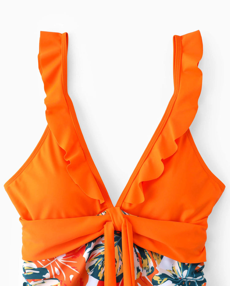 Mommy & me Orange and All Over Tropical Plant Print Splicing Ruffle One-Piece Swimsuit Orange color