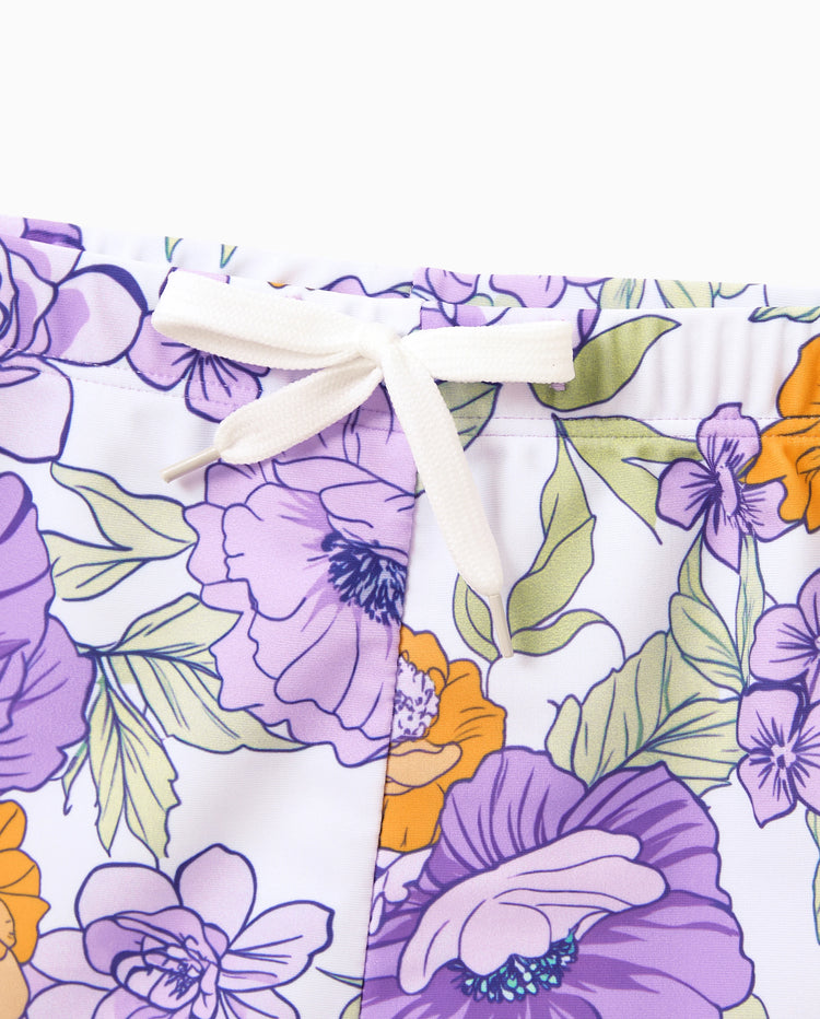 Daddy & Son Floral Print Swimsuits Ruffled One-Piece Bathing Suit & Swim Trunks Set Purple