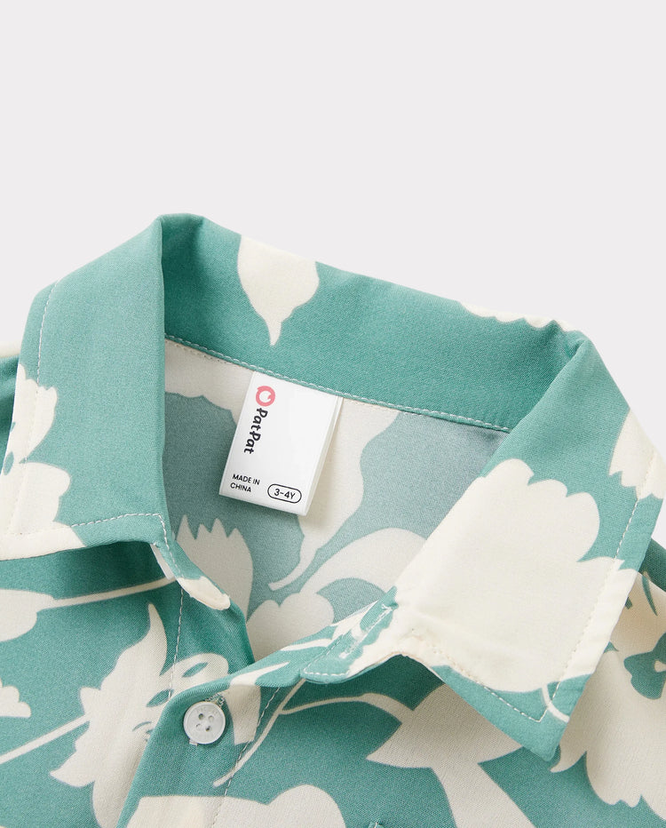 Daddy & Son Leaf Print Green Short-sleeve Shirt Set Green